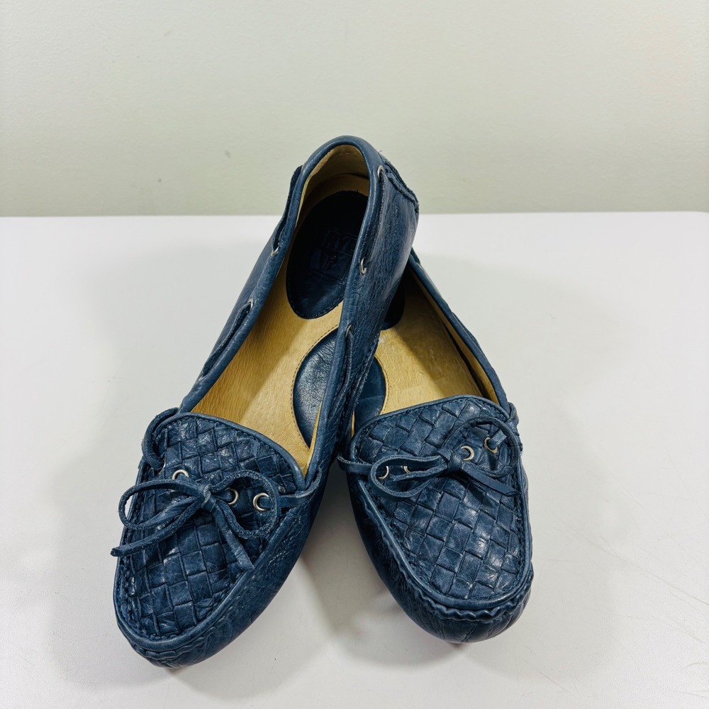 NWOT Frye Reagan Woven Dark Blue Leather Moccasin Loafers Boat Flat Women's 6.5